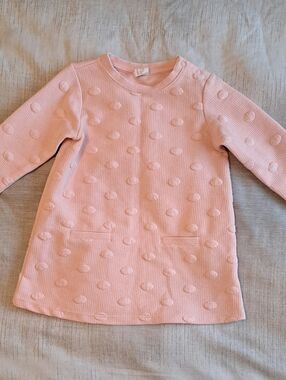 Toddler Girl Pink Dress Long Sleeve Textured Raised Polka Dots